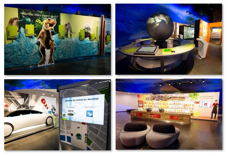 Eine Collage zeigt vier verschiedene Stationen in der Ausstellung der KLIMA ARENA.