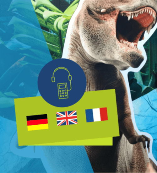 Handy-Symbol mit Kopfh&ouml;reren und den Flaggen von Deutschland, Gro&szlig;brittanien und Frankreich als Hinweis auf ie Sprachen, in denen die H&ouml;rf&uuml;hrung in der Klima Arena angeboten wird.